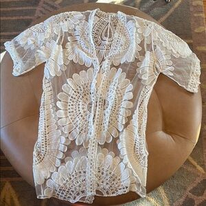 White Lace cover up with Mandarin Collar and Short Sleeves